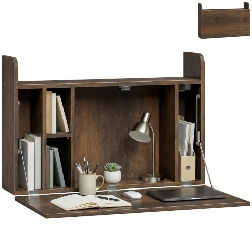 HOMCOM Wandschreibtisch, klappbarer Laptop-Schreibtisch mit platzsparenden Staufächern für Homeoffice und Arbeitszimmer, 77 cm x 20 cm x 51 cm, Dunkelbraun