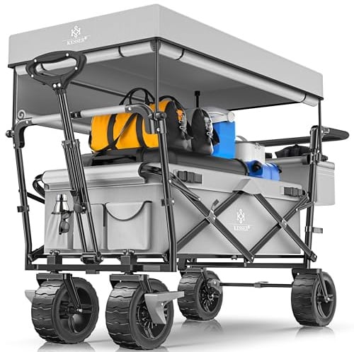 KESSER® XXL Bollerwagen faltbar mit Dach GT9000, klappbarer Handwagen bis 150 kg für Kinder, Strand, Camping & Garten, großer Transportwagen mit Hartgummi Rädern, Bremsen vorne & hinten + Tragetasche