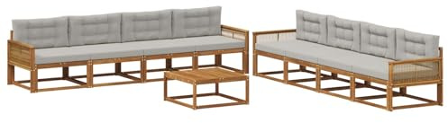 vidaXL Outdoor-Sofagarnitur mit Kissen 9 pcs Natur und Hellgrau, Garten-Sofa Set, modulare Lounge für draussen, wetterfestes Mobiliar, robuster Pool-Bereich