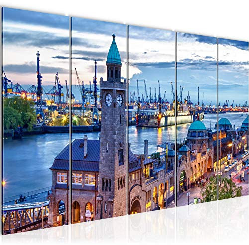 Runa Art Wandbild XXL Hamburg Wohnzimmer Schlafzimmer 200 x 80 cm Blau 5 Teilig - Made in Germany - 603055a