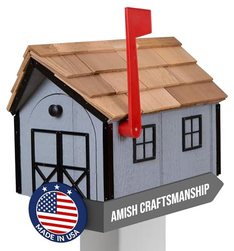Peaceful Classics Amish Briefkasten aus Zedernholz, mit Fenster- und Türverkleidung, handgefertigte Briefkästen für draußen, Postmontage, Wohnbriefkästen – (Grau mit schwarzem Rand)
