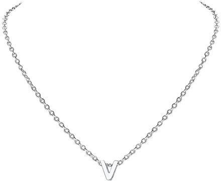 Suplight Damen Collier 3D Buchstabe V Anhänger mit Rolokette 45cm/2mm Minimalistische Initiale Schlüsselbeinkette platiniert Modeschmuck Geschenkidee für Valentinstag