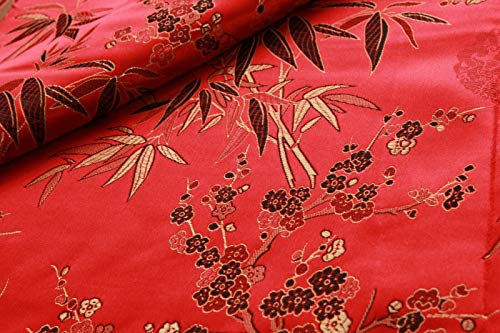 Roter chinesischer Brokat-Stoff mit Kirschblüten-Blütenmuster, glänzend, Seidensatin, Brokat, Polyester, 114 cm