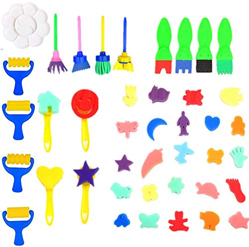 Fycooler 41Pcs Kit Peinture Enfant Tampon,Éponge,Palette,Kit Peinture Enfant Non Toxique pour Education Préscolaire Enfants éponges kit de Peinture avec Pinceau Rouleaux Tablier imperméable