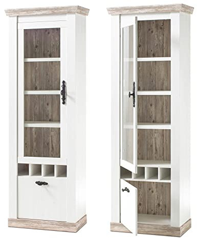 Lomadox Vitrine im Landhaus Stil in Pinie Weiss inkl. LED-Rückwandbeleuchtung