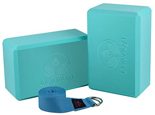 Clever Yoga Blöcke mit Gurt – extra leicht, schweißabweisendes Schaumstoff-Yoga-Block-Set mit Baumwolle, 2,4 m Yoga-Stretch-Gurt, Yoga-Block und Gurt-Set für Anfänger bis Profi, 2 Stück