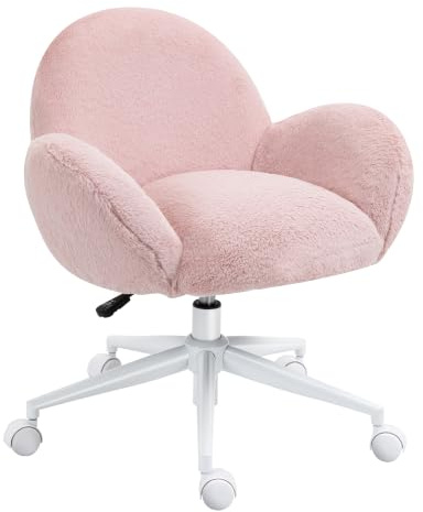 HOMCOM Fluffy Desk Chair Cute Makeup Vanity Chair with Rolling Wheels Pink | for Home, Bedroom, Living Room