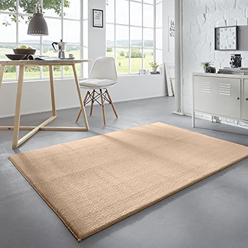 Taracarpet Waschbarer Flauschiger Uni Kurzflor Teppich, Anti-Rutsch, Felloptik, Super Soft Beige 120x170 cm