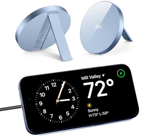 ESR HaloLock Cargador Inalámbrico Kickstand, Cargador Compatible con MagSafe, Cargador Compatible Serie iPhone 16/15/14/13/12, Airpods 4, Incluye Cable Extraíble 1,5 m, Adaptador no Incluido, Azul