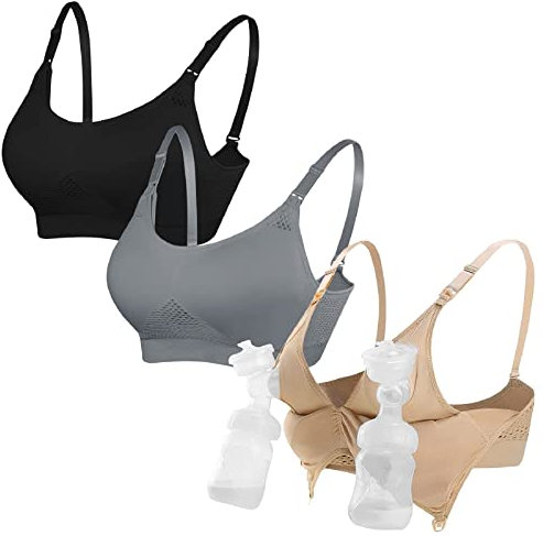 4How Pumping Bra Hands Free Nursing Bra for Breastfeeding Nursing Pumping Bra All in One Wireless Padded Maternity Bralette, Black+Beige+Grey, L