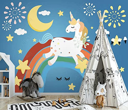 Tapete 3D Wandbild Handgezeichnetes Cartoon Regenbogen Einhorn Fototapete 3D Effekt Vliestapete Wohnzimmer Schlafzimmer Wanddeko