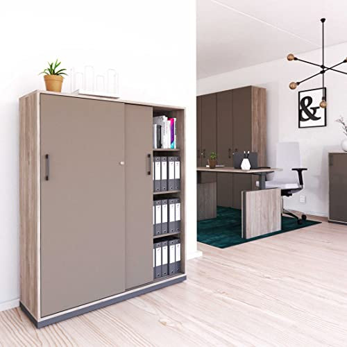 Weber Büro Schiebetürenschrank Choice abschließbar 4 OH 120 x 146,5 cm Schrank Büroschrank Highboard Cubanitgrau/Nordeiche grau