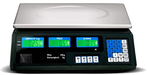 Preisrechenwaage (40 kg / 5 g) Edelstahl Waage mit LCD Display Akku Wasserwaage Tara Funktion Akkubetrieb Digital - Preiswaage Paketwaage Küchenwaage Digitalwaage