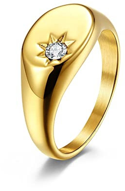 Mesnt Schmuck Ringe Damen, Rocker Ringe Herren, Ovale Sonnenmuster-Einlage Mit Siegelring Aus Zirkonia Ring aus Edelstahl Gold Größe 52 (16.6)