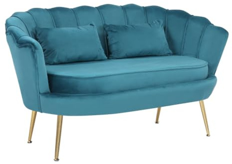 Stunning Chairs Scalloped Velvet Love Seat Sofa Chair with Gold Metal Feet - Elegant 2 Seater Shell Chair for Bedroom, Small 2 Seater Sofa for Living Room, Modern Mini Couch - Teal DAISY
