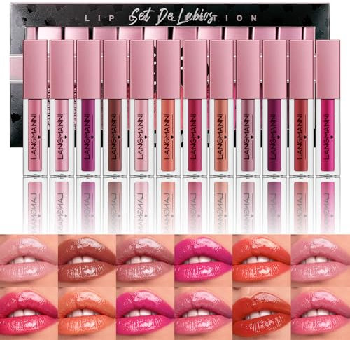 LANGMANNI 12Pcs Lip gloss Collection Makeup Set,Shiny Smooth Soft Liquid Lip Glosses Lip Stain With Rich Varied Colors For Girls And Women Makeup(Color-A)