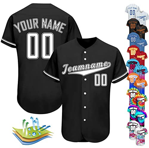 Individuelles Baseballtrikot, personalisierbar, Baseball-Shirts für Herren, Damen, Kinder, Druck, Namennummern, Button-Down-Sportuniform, Schwarz-Weiß-6, S-4XL