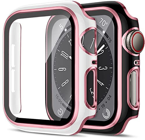 2 Stück Harte PC Hülle für Apple Watch Serie 6 5 4 SE 40mm Gehäuse mit Gehärtetem Glas,Anti-Kratz Bumper Absturzsicherung Vollständiger Schutzhülle für Apple Watch 40mm Cover,Schwarz&Rosa/Weiß&Rosa