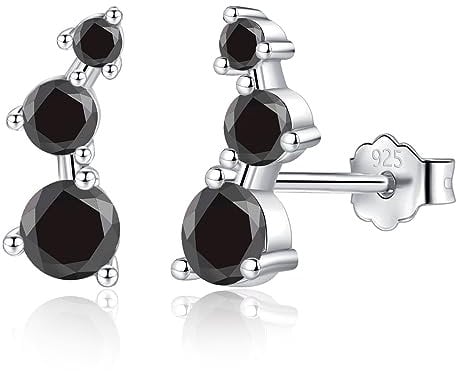 CERSLIMO Silver Stud Earrings for Women Girls - Climber Earrings with 3 Clear Cubic Zirconia CZ Stone, Sterling Silver Earrings | Hypoallergenic Earrings Jewellery Birthday Chritsmas Gifts, Black