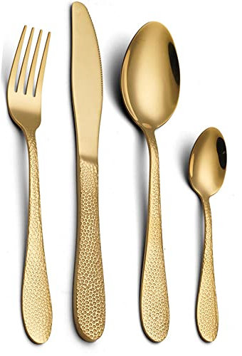 Juego de cubiertos dorados mate de 96 piezas para 24 cubiertos de acero inoxidable, juego de utensilios de cocina de diseño moderno para restaurante en casa, acabado espejo, apto para lavavajillas