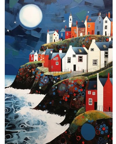Artery8 Seaside Village Houses on Cliff Folk Art Oil Painting Bathroom Artwork Full Moon Night Waves Coastal Landscape Unframed Art Print Poster Wall Decor 12x16 inch