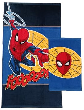 Spiderman Marvel Frottee-Badetücher, Set mit 2 Badetüchern, Gesichtstuch, Bidet-Handtuch, Blau, Baumwolle, 100%, Set 2 Stück, offizielles Produkt