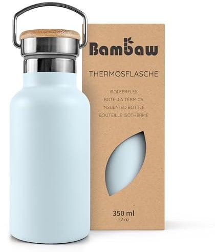 Bambaw 350ml Stainless Steel Insulated Water Bottle, Ice Blue, Leakproof, Hot 12 Hours, Cold 24 Hours