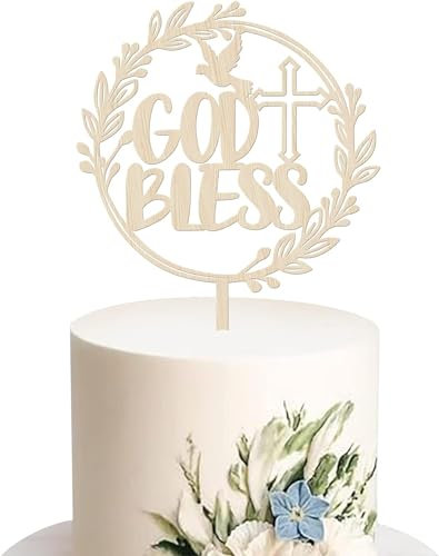 SYKYCTCY 1 Pack God Bless Cake Topper Glitter Dove Cross Christening Wooden First Communion Cake Pick Religious Baptism God Bless Cake Decorations Baby Shower Birthday Party Supplies