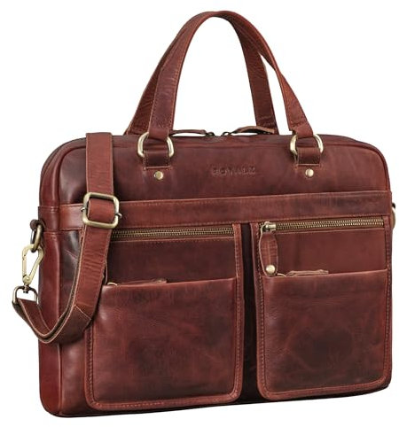 ROYALZ 'San Francisco' Moderne Ledertasche Herren und Damen Echtleder Mittel-Groß - perfekt als schmale Aktentasche Businesstasche Laptop-Tasche 13-14 Zoll, Farbe:Roma Cognac Braun