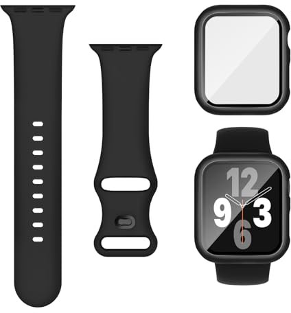 Joehwerr Cinturino 3 in 1 per Apple Watch, 44 mm, con custodia e pellicola protettiva, cinturino sportivo in silicone e custodia protettiva con vetro temperato 9H, per iWatch serie 6/5/4/SE, nero