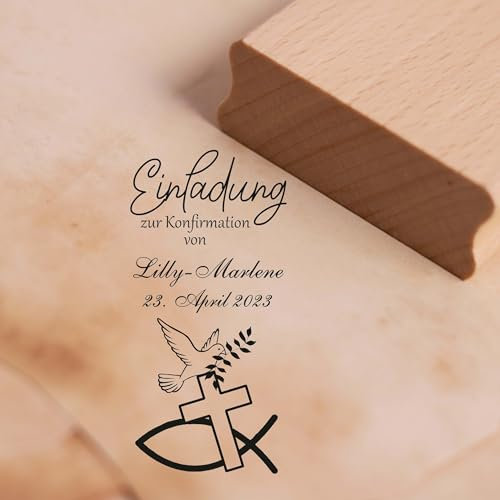 Dekolando Stempel personalisiert Einladung zur Konfirmation von - mit Name und Datum - Holzstempel Motivstempel Christenfisch Taube Kreuz 28 x 58mm