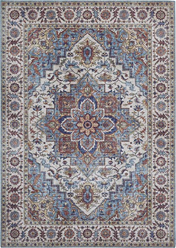 -LUXOR- living Teppich Wohnzimmer Bonum im Vintage Design - Wohnzimmerteppich Teppich Kurzflor Digitaldruck in zeitlosem Design Blau 80 x 150 cm