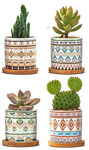 Set 4 Pezzi Vasi In Ceramica Con Decorazioni Fiori Piante Grasse Con Sotto Vaso In Bambù Foro Centrale Vasetti Cactus Decorazione Interno Esterno Con Foro Scarico Contenitore - 7Mantra