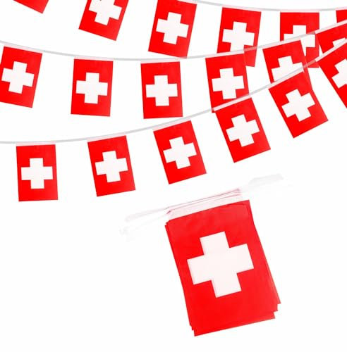 Décorations Swiss Oly 2024 - 10 m - 30 drapeaux - Bannière pour le sport, les événements de football, les fêtes de la fête nationale