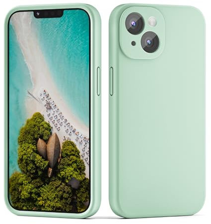 CALOOP Slim-Fit for iPhone 14 Case,Skin Soft Liquid Silicone,Sturdy Hard Frame Shockproof Cover with Anti-Scratch Microfiber Lining,Full Protection for Screen and Lens,6.1 inch,Mint Green