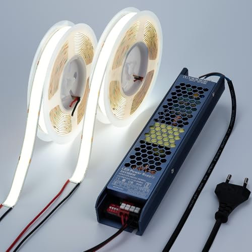 BENLUN 24V 15MM Breite COB LED Strip 10M (5M X 2), LED Streifen Hell 27500LM 25W/M 960LEDs/M 6000K Kaltweiss, LED Band CRI 92 mit Netzteil für Gewerbe, Zimmer Dekoration