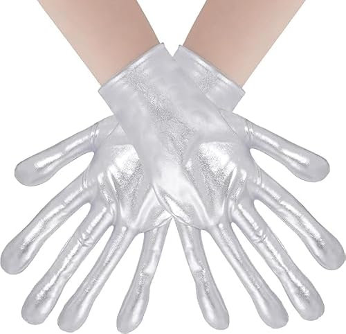 WEINIBAO Silberne Handschuhe Kurze, Herren Damen Lackleder Handschuhe, Kurze Handschuhe Silber Metallic, Silberne Alien-Handschuhe, Hochzeit Opera Karneval Halloween Cosplay Handschuhe für Mottoparty