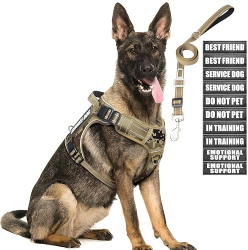 MOOGROU Tactical Dog Harness and Leash Set for Large Dogs,Heavy Duty No Pull Service Dog Vest and 10 Patches with Dog Seat Belt,Reflective Adjustable Pet Harness for Training Walking Hiking Camo L