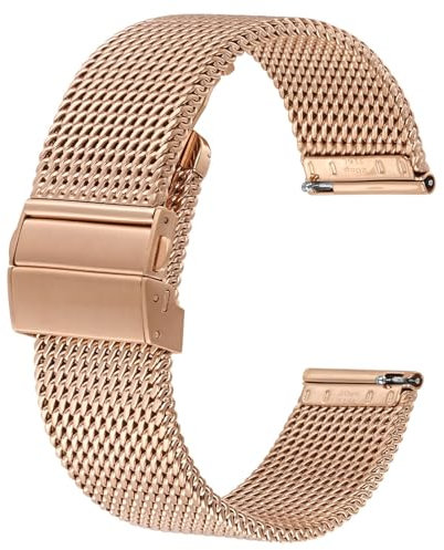BISONSTRAP Metall Uhrenarmband, Faltschließe, 316L Edelstahl Mesh Armband, Schnellverschluss Ersatzarmband für Damen und Herren, 22mm, Roségold