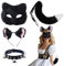 Katze Fuchs Wolf Maske Schwanz Furry Kostüm Flauschige, Leder Halskette Plüschmaske Set Accessoire Karneval Halloween Party Cosplay für Kinder Erwachsene (Schwarz)