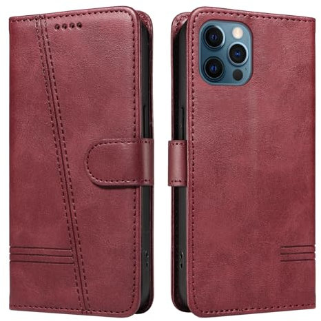 NEXCURIO Custodia a portafoglio per Apple iPhone 12 / iPhone 12 Pro con porta carte di credito e supporto in pelle pieghevole antiurto per uomo e donna, bordeaux
