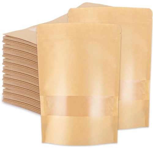 SENENQU 100 Stück Papiertüten Mit Fenster, 17×24CM Standbodenbeutel Kraftpapier, Geschenktaschen Kraftpapiertüten Mit Klarem Fenster für Nüsse Und Lebensmittel Verwendet