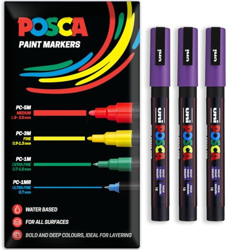 Posca Water Based Acrylic Paint Marker Pens | Multi Surface Use Permanent Paint Pen | Pack of 3 Pens in Envelope Gift Packaging | Glass, Fabric, Canvas, Wood etc | PC-3M, Violet