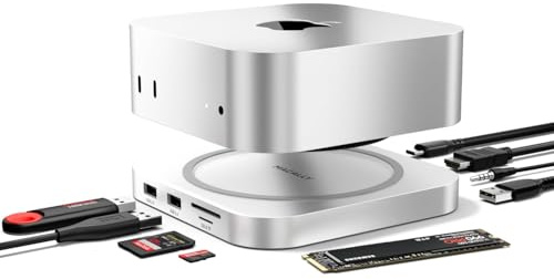 Macally Mac mini M4 Hub - Expand Your Setup - NVMe PCIe/SATA SSD Enclosure, SD/MicroSD Card Readers, 3X USB A Ports, AUX, 4K HDMI - Plug and Play Mac mini M4 Dock with SSD