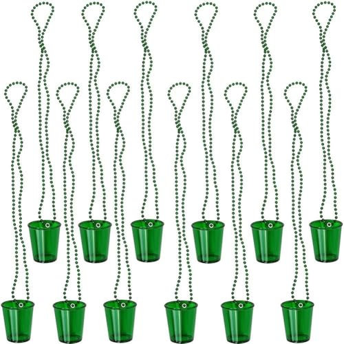 Zghhc 12pcs Shot Glasses on Beaded Necklace for Adults, Unisex, Green Plastic Bohemian Shot Cup Necklace for St. Patrick's Day, Birthday, Wedding, Bachelorette Party Decoration Supplies