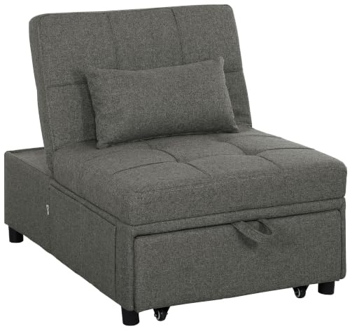 HOMCOM 4-in-1 Sofa Bed Convertible Sleeper Chair Bed Fabric Charcoal Grey | Adjustable Backrest, Pull Out Chaise Lounge with Pockets, Living Room, Bedroom, Home Office, Small Space