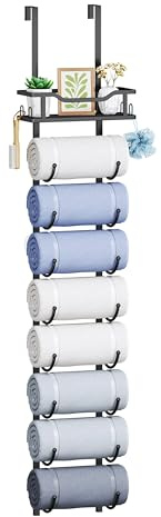 SWTYMIKI Over Door Towel Rail - 9 Tier Towel Racks for Bathroom Wall Mounted, Towel Holder with Shelf, Hanging Rolled Towel Storage Organizer for Small Bathroom, Camper, RV, Black