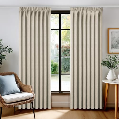 Deconovo Leinen Verdunklungsvorhang mit Kräuselband, 100% Blickdicht, Thermo & Schallschutz, Leinenoptik Blackout Gardine für Wohnzimmer, H245 x B140 cm, Leinen, 2er Set
