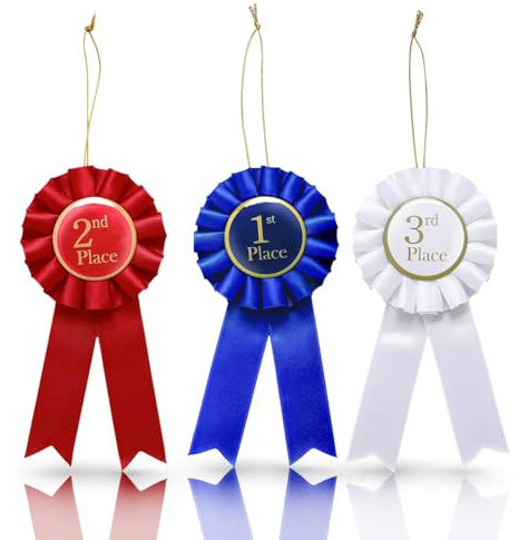 Orivin 3 Pieces Award Ribbons Set, Rosette Ribbon Prize Ribbon 1st 2nd 3rd White Blue Red Award Ribbons