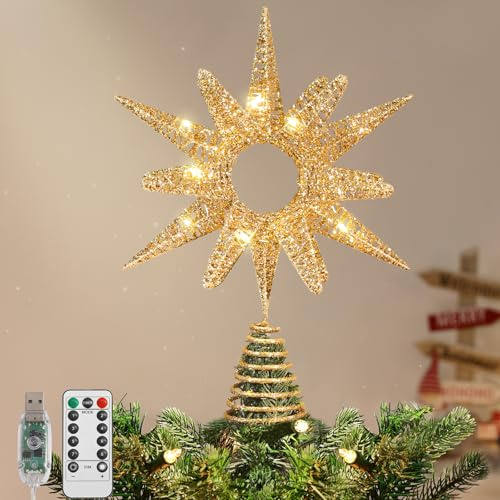 Lewondr Weihnachtsbaumspitze, 14,17'' Metall Christbaumspitze Stern mit 30 LEDs, USB & Fernbedienung Glitzernd Sonnenblume Baumspitze, 6 Std. Timer, 8 Beleuchtungsmodi Weihnachtsdeko für Innen, Gold